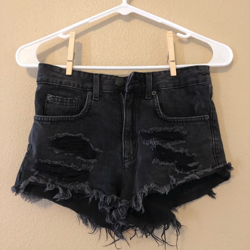 Black distressed denim shorts
